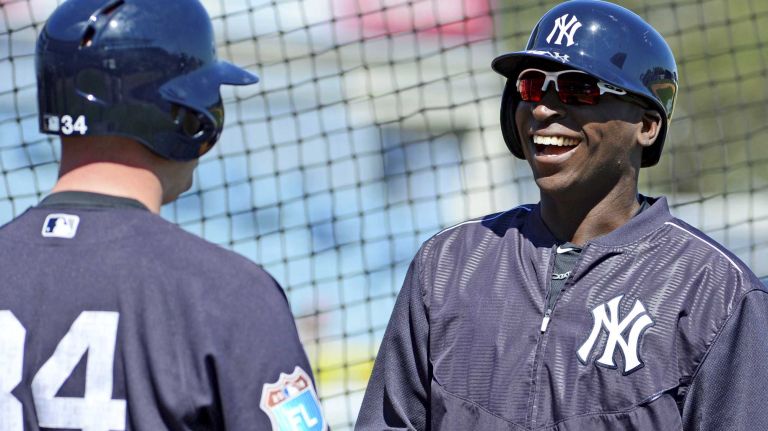 New York Yankees spring training 2016 102 New York Yankees' Brian McCann and Didi Gregorius share a laugh during spring training at George M. Steinbrenner Field in Tampa, Fla. on Feb. 27, 2016.