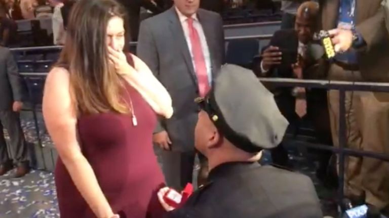 NYPD Police Academy graduate Phillip Santana pops the question right after ceremony 1 Officer Phillip Santana proposes to longtime girlfriend, Jennifer Guzman, just after graduating from the NYPD Police Academy on Oct. 23, 2017.