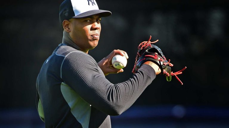 New York Yankees spring training 2016 154 New York Yankees' Aroldis Chapman works out during the first day of spring training at George M. Steinbrenner Field in Tampa Fla. on Thursday, Feb. 18, 2016.