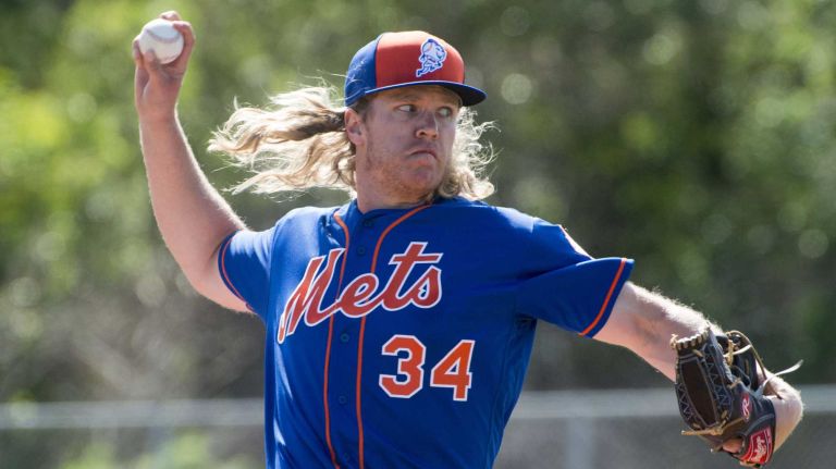 New York Mets pitcher Noah Syndergaard throws a live batting session on Sunday Feb. 28, 2016 during a spring training workout in Port St. Lucie, Fla.