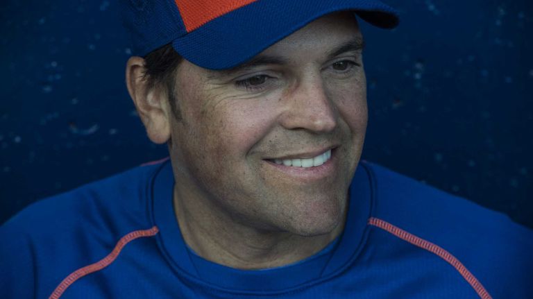 Former New York Mets catcher Mike Piazza talks to reporters on Sunday Feb. 28, 2016 during a spring training workout in Port St. Lucie, Fla.