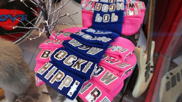 Shag Boutique in Roslyn has a variety of upscale beanies, including this assortment from Funky Bling that, shall we say, speaks for itself.