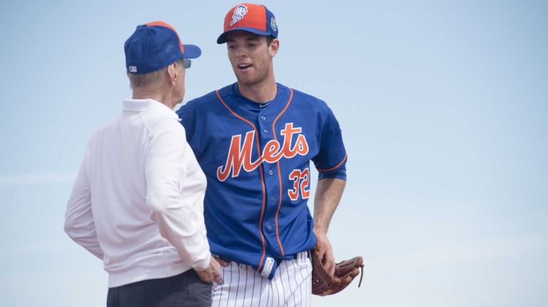 Mets pitcher Steven Matz talks with Mets owner and CEO Fred Wilpon during a spring training workout on Monday, Feb. 22, 2016 in Port St. Lucie, Fla.