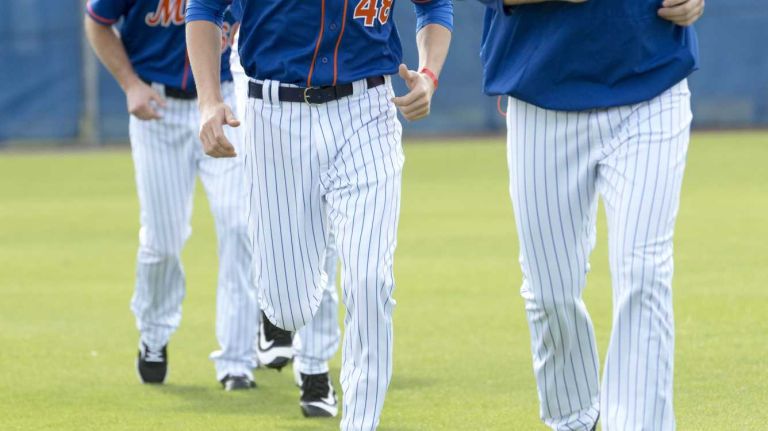 NY Mets pitchers Jacob deGrom (left) and Matt Harvey during a spring training workout in Port St. Lucie, Fla. Saturday Feb. 20, 2016.