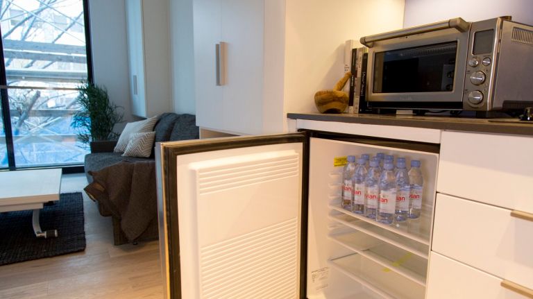 A model unit of nARCHITECTS' Carmel Place is decorated with Resource Furniture, on Jan. 5, 2015. Carmel Place, which is currently in construction, is the first building to have micro-unit apartments in New York City, and will be one of the first multi-unit Manhattan buildings to be using modular construction.