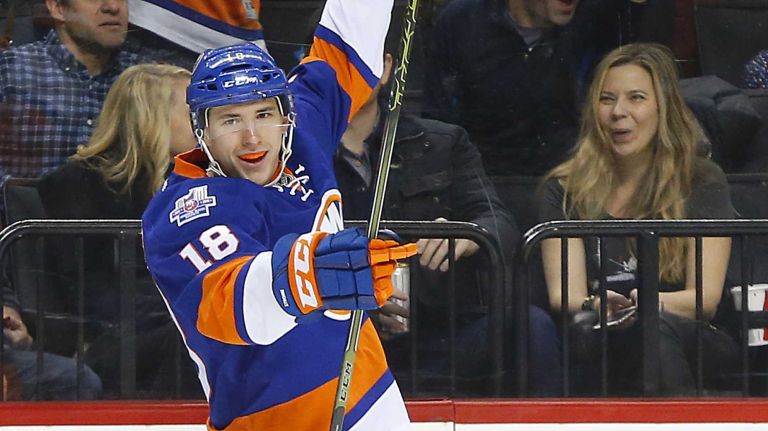 Ryan Strome #18 of the New York Islanders celebrates his third period goal against the Detroit Red Wings at Barclays Center on Monday, Feb. 15, 2016 in Brooklyn, New York.