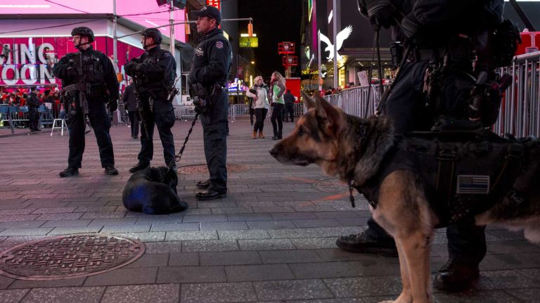 New Year's Eve in NYC 2015 to 2016: Pictures of the ball drop in Times Square and more 42 Police officers and a canine and counter terrorism unit secure Times Square during New Year's Eve festivities on Dec. 31, 2015.