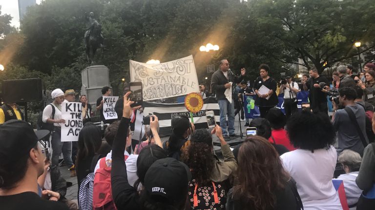 The Puerto Rican community in the city is calling on Congress to do more in the island's recovery effort. Above, a protest sign at Union Square Park during a rally on Wednesday, Oct. 11, 2017.
