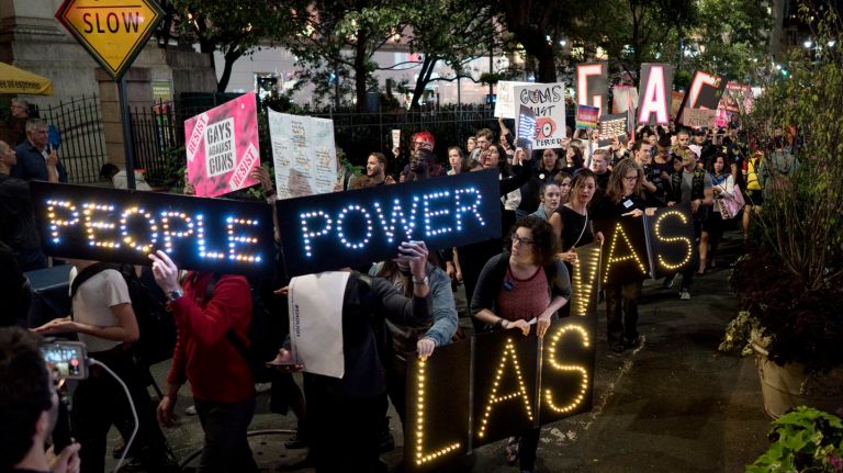 The Las Vegas mass shooting sparked a gun control rally in Manhattan on Monday.