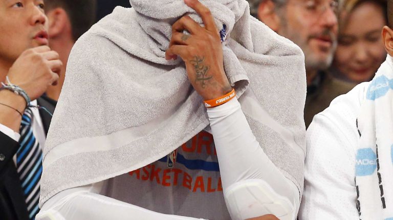 Knicks vs. Heat 32 Carmelo Anthony #7 of the New York Knicks looks on in the first half against the Miami Heat at Madison Square Garden on Friday, Nov. 27, 2015 in New York City.