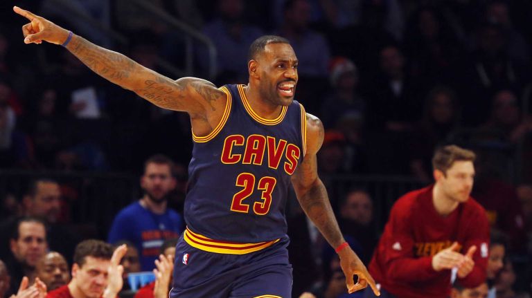 LeBron James #23 of the Cleveland Cavaliers reacts after a play in the first quarter against the New York Knicks at Madison Square Garden on Friday, Nov. 13, 2015 in New York City.