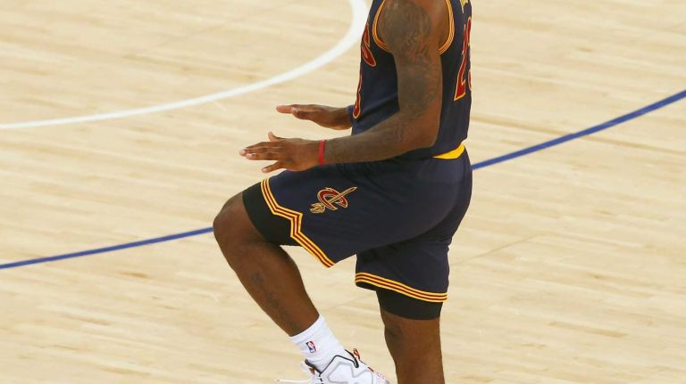 LeBron James #23 of the Cleveland Cavaliers reacts after a basket late in the fourth quarter against the New York Knicks at Madison Square Garden on Friday, Nov. 13, 2015 in New York City.