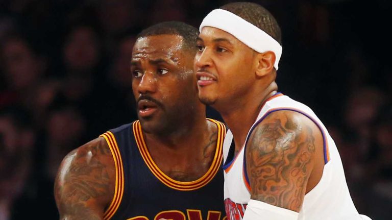 LeBron James #23 of the Cleveland Cavaliers defends against Carmelo Anthony #7 of the New York Knicks in the third quarter at Madison Square Garden on Friday, Nov. 13, 2015 in New York City.