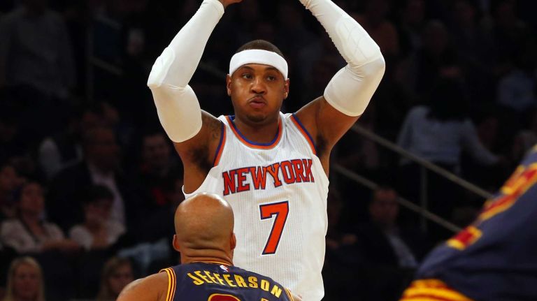 Carmelo Anthony #7 of the New York Knicks controls the ball in the first quarter against Richard Jefferson #24 of the Cleveland Cavaliers at Madison Square Garden on Friday, Nov. 13, 2015 in New York City.