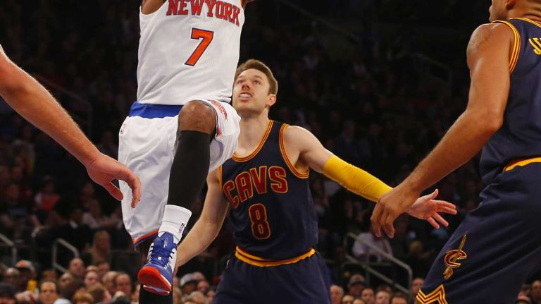 Carmelo Anthony #7 of the New York Knicks passes the ball to a teammate in the first quarter against the Cleveland Cavaliers at Madison Square Garden on Friday, Nov. 13, 2015 in New York City.