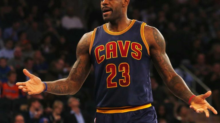LeBron James #23 of the Cleveland Cavaliers reacts in the first quarter against the New York Knicks at Madison Square Garden on Friday, Nov. 13, 2015.