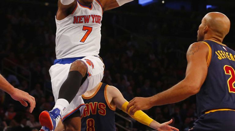 Carmelo Anthony #7 of the New York Knicks passes the ball to a teammate in the first quarter against the Cleveland Cavaliers at Madison Square Garden on Friday, Nov. 13, 2015.