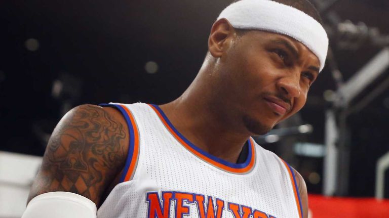 Carmelo Anthony #7 of the New York Knicks looks on in the first quarter against the Cleveland Cavaliers at Madison Square Garden on Friday, Nov. 13, 2015.