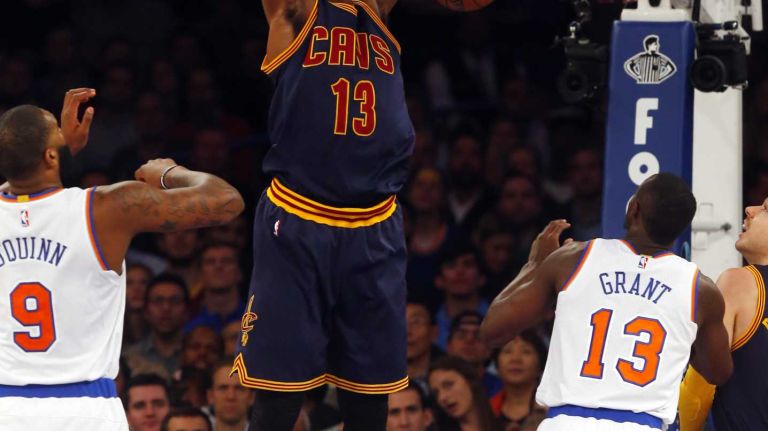 Tristan Thompson #13 of the Cleveland Cavaliers dunks the ball in the first quarter against the New York Knicks at Madison Square Garden on Friday, Nov. 13, 2015.
