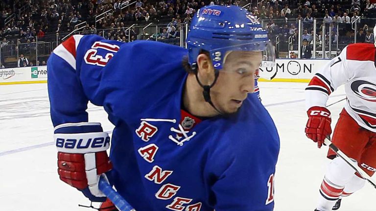 Kevin Hayes of the New York Rangers skates with the puck in the first poeriod against the Carolina Hurricanes at Madison Square Garden on Tuesday, Nov. 10, 2015.