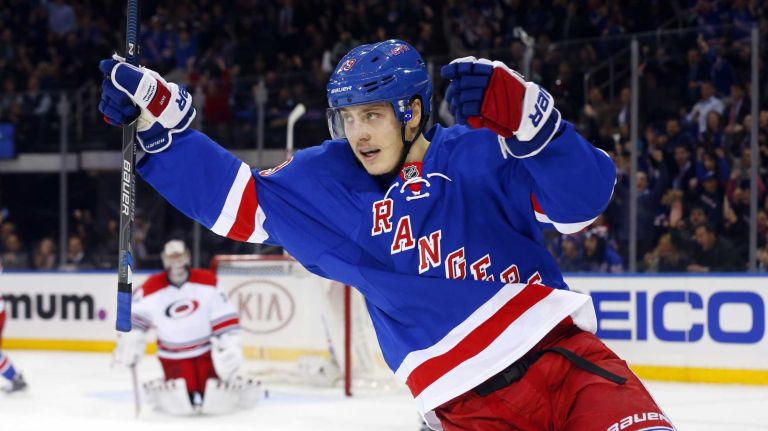 Jesper Fast of the New York Rangers celebrates his first-period goal against the Carolina Hurricanes at Madison Square Garden on Tuesday, Nov. 10, 2015.
