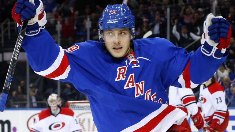 Jesper Fast of the New York Rangers celebrates his first-period goal against the Carolina Hurricanes at Madison Square Garden on Tuesday, Nov. 10, 2015.