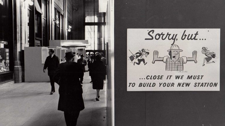 Heartbreaking photos of the demolition of the 1910 Penn Station, construction of Madison Square Garden 27 A sign alerts the public to closures and construction work being done at Penn Station on Jan. 27, 1964.