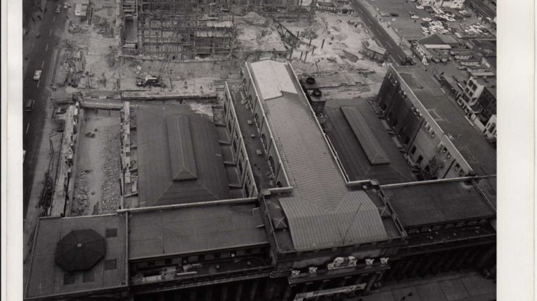 Heartbreaking photos of the demolition of the 1910 Penn Station, construction of Madison Square Garden 37 Penn Station under construction, as seen from above, on Nov. 23, 1965. At street level the construction isn't visible, but from this vantage point it's evident that most of the center portion of the building has been removed.