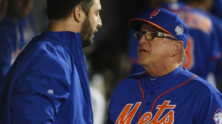 World Series Game 5: Mets vs. Royals 136 New York Mets starting pitcher Matt Harvey (33) talks with New York Mets pitching coach Dan Warthen (59) in the dugout after the eighth inning during Game 5 of the World Series against the Kansas City Royals at Citi Field on Sunday, Nov. 1, 2015.