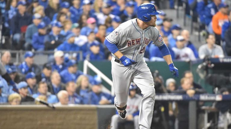 World Series Game 2: Mets vs. Royals 54 New York Mets first baseman Lucas Duda (21) with a hit in second inning during Game 2 of the World Series against the Kansas City Royals at Kauffman Stadium on Wednesday, Oct. 28, 2015.