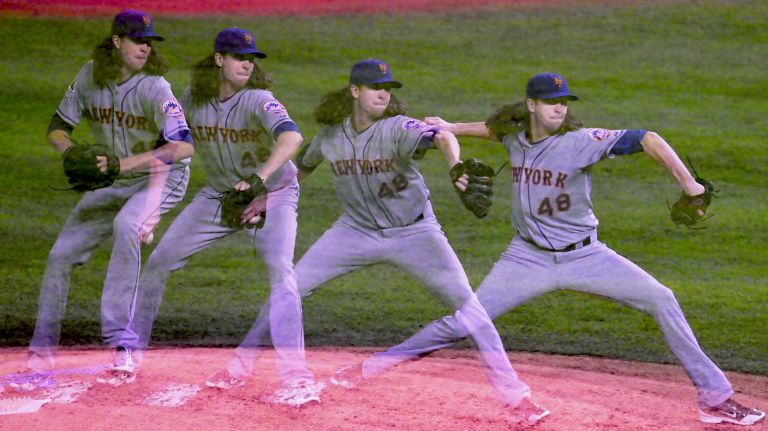 World Series Game 2: Mets vs. Royals 60 New York Mets starting pitcher Jacob deGrom (48) delivers the pitch in the first inning in this multiple exposure during Game 2 of the World Series against the Kansas City Royals at Kauffman Stadium on Wednesday, Oct. 28, 2015.