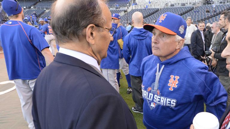 World Series Game 2: Mets vs. Royals 79 Joe Torre, Executive Vice President for Baseball Operations for Major League Baseball talks with New York Mets manager Terry Collins (10) during warmups before Game 2 of the World Series against the Kansas City Royals at Kauffman Stadium on Wednesday, Oct. 28, 2015.