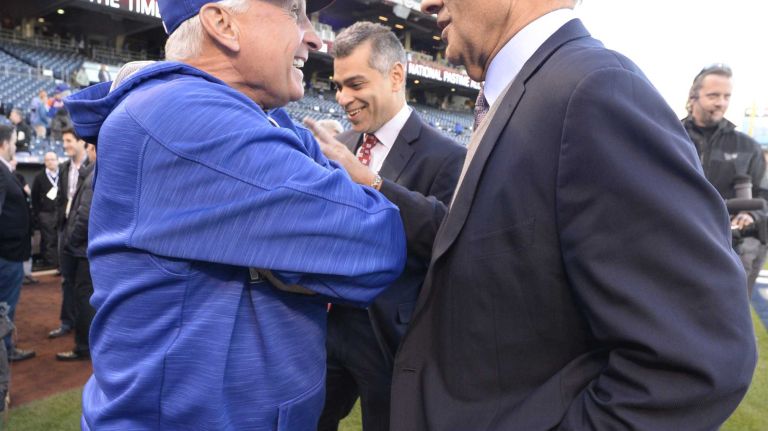 World Series Game 2: Mets vs. Royals 80 New York Mets manager Terry Collins (10) talks with Joe Torre, Executive Vice President for Baseball Operations for Major League Baseball during warmups before Game 2 of the World Series against the Kansas City Royals at Kauffman Stadium on Wednesday, Oct. 28, 2015.