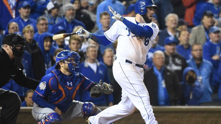 World Series Game 1: Mets vs. Royals 89 Kansas City Royals third baseman Mike Moustakas (8) with the rbi single in the sixth inning during Game 1 of the World Series against the New York Mets at Kauffman Stadium on Tuesday, Oct. 27, 2015.