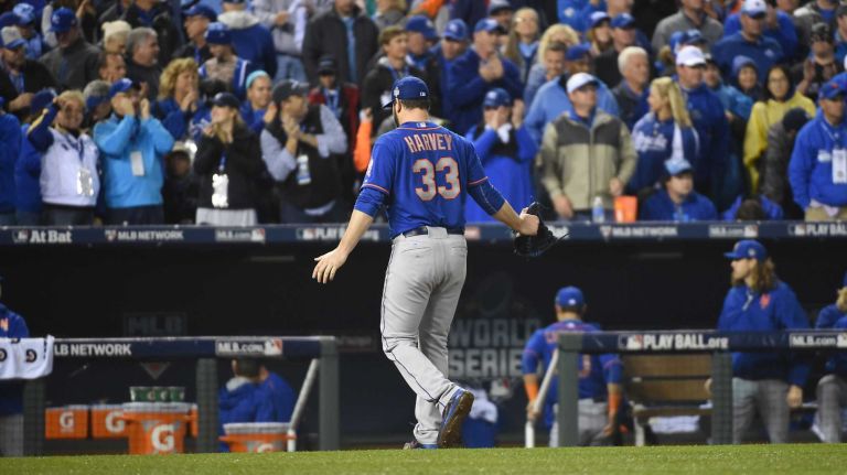 World Series Game 1: Mets vs. Royals 92 New York Mets starting pitcher Matt Harvey (33) reacts after the sixth inning during Game 1 of the World Series against the Kansas City Royals at Kauffman Stadium on Tuesday, Oct. 27, 2015.