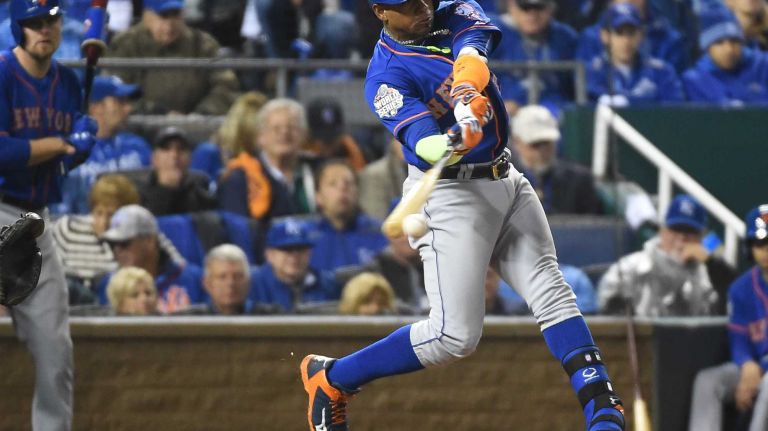 World Series Game 1: Mets vs. Royals 103 New York Mets center fielder Yoenis Cespedes (52) with the single in the sixth inning during Game 1 of the World Series against the Kansas City Royals at Kauffman Stadium on Tuesday, Oct. 27, 2015.