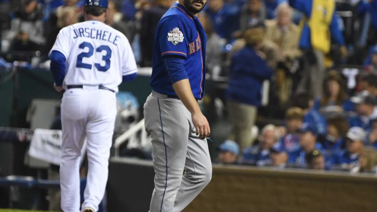 World Series Game 1: Mets vs. Royals 104 New York Mets starting pitcher Matt Harvey (33) after the fifth inning walks to dugout during Game 1 of the World Series against the Kansas City Royals at Kauffman Stadium on Tuesday, Oct. 27, 2015.