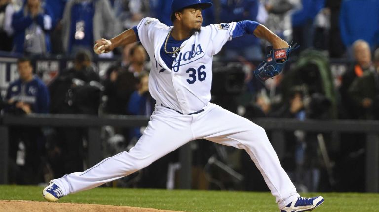World Series Game 1: Mets vs. Royals 131 Kansas City Royals starting pitcher Edinson Volquez (36) delivers the pitch in first inning during Game 1 of the World Series against the Kansas City Royals at Kauffman Stadium on Tuesday, Oct. 27, 2015.