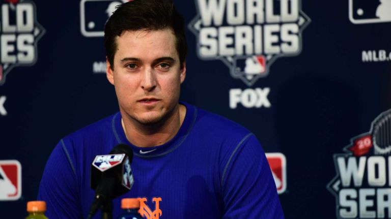 World Series Game 1: Mets vs. Royals 140 New York Mets second baseman Kelly Johnson (55) speaks during Game 1 of the World Series against the Kansas City Royals at Kauffman Stadium on Tuesday, Oct. 27, 2015.