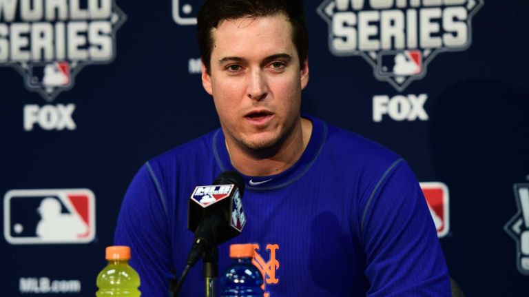 World Series Game 1: Mets vs. Royals 141 New York Mets second baseman Kelly Johnson (55) speaks during Game 1 of the World Series against the Kansas City Royals at Kauffman Stadium on Tuesday, Oct. 27, 2015.