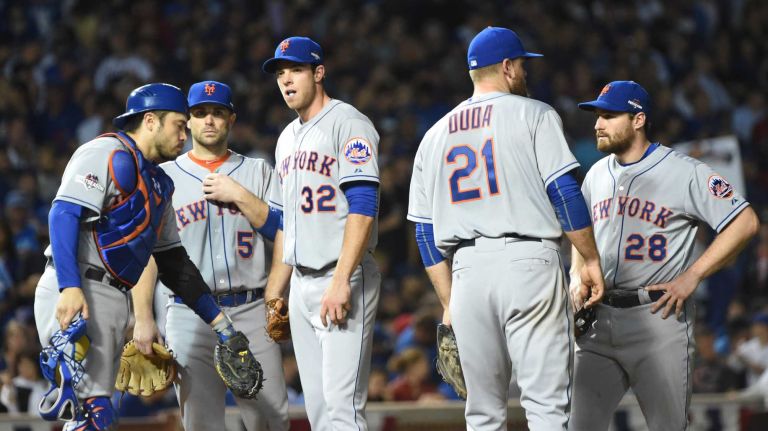 New York Mets starting pitcher Steven Matz reacts in the fifth inning as he is taken out during Game 4 of the NLCS against the Chicago Cubs at Wrigley Field on Wednesday, Oct. 21, 2015.