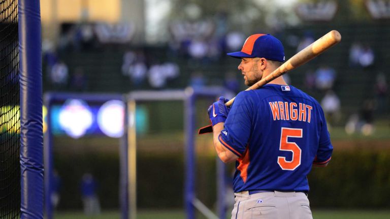 New York Mets third baseman David Wright (5) looks on during batting practice before Game 4 of the NLCS against the Chicago Cubs at Wrigley Field on Wednesday, Oct. 21, 2015.