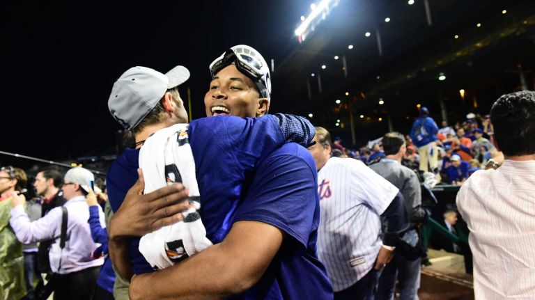 New York Mets Jeurys Familia as he celebrates his victory in Game 4 of the NLCS against the Chicago Cubs at Wrigley Field on Wednesday, Oct. 21, 2015.