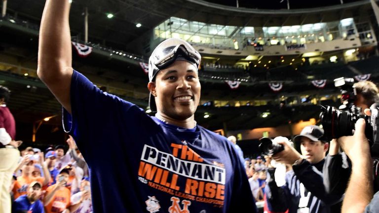 New York Mets Jeurys Familia as he celebrates his victory in Game 4 of the NLCS against the Chicago Cubs at Wrigley Field on Wednesday, Oct. 21, 2015.