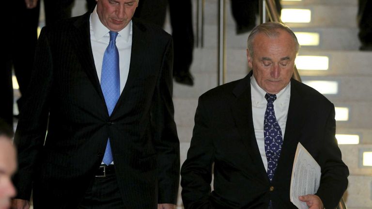 Mayor Bill de Blasio and NYPD Commissioner William Bratton arrive for a news conference about Officer Randolph Holder, 33, of Brooklyn, early Wednesday, Oct. 21, 2015, at Harlem Hospital Center. Holder was pronounced dead at the hospital late Tuesday, Oct. 20, 2015, after he was shot in the head during a foot pursuit in East Harlem, Bratton said.