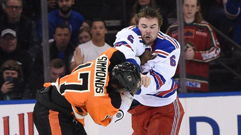 Rangers fights in 2015-16 NHL season 17 New York Rangers defenseman Dylan McIlrath fights with Philadelphia Flyers right wing Wayne Simmonds in the first period of an NHL hockey game at Madison Square Garden on Sunday, Feb. 14, 2016.