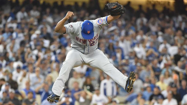 The New York Mets celebrate their National League Division Series victory over the Los Angeles Dodgers at Dodger Stadium in Los Angeles on Oct. 15, 2015.