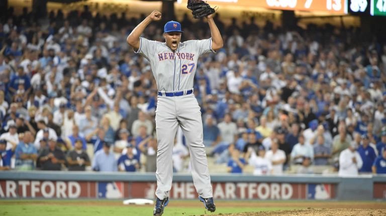 The New York Mets celebrate their National League Division Series victory over the Los Angeles Dodgers at Dodger Stadium in Los Angeles on Oct. 15, 2015.