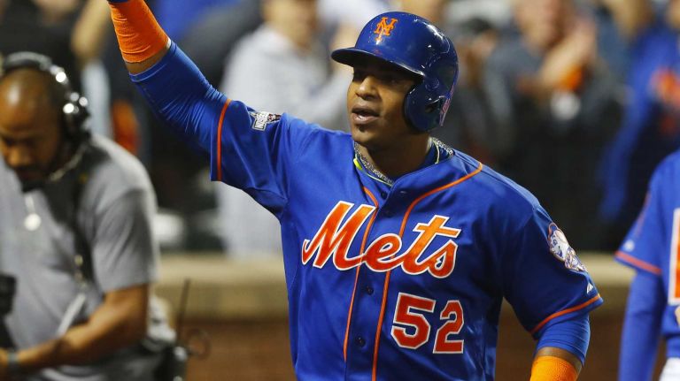 Yoenis Cespedes 13 Yoenis Cespedes #52 of the New York Mets celebrates his fourth inning three run home run against the Los Angeles Dodgers at Citi Field in the Queens during Game 3 of the NLDS on Monday, Oct. 12, 2015