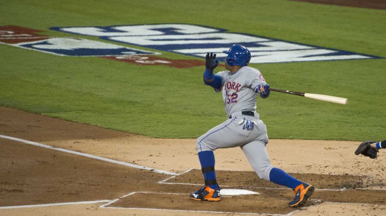 Yoenis Cespedes 18 New York Mets Yoenis Cespedes knocks a home run in the 2nd inning of their National League Division Series game against the Los Angeles Dodgers. Oct. 10, 2015